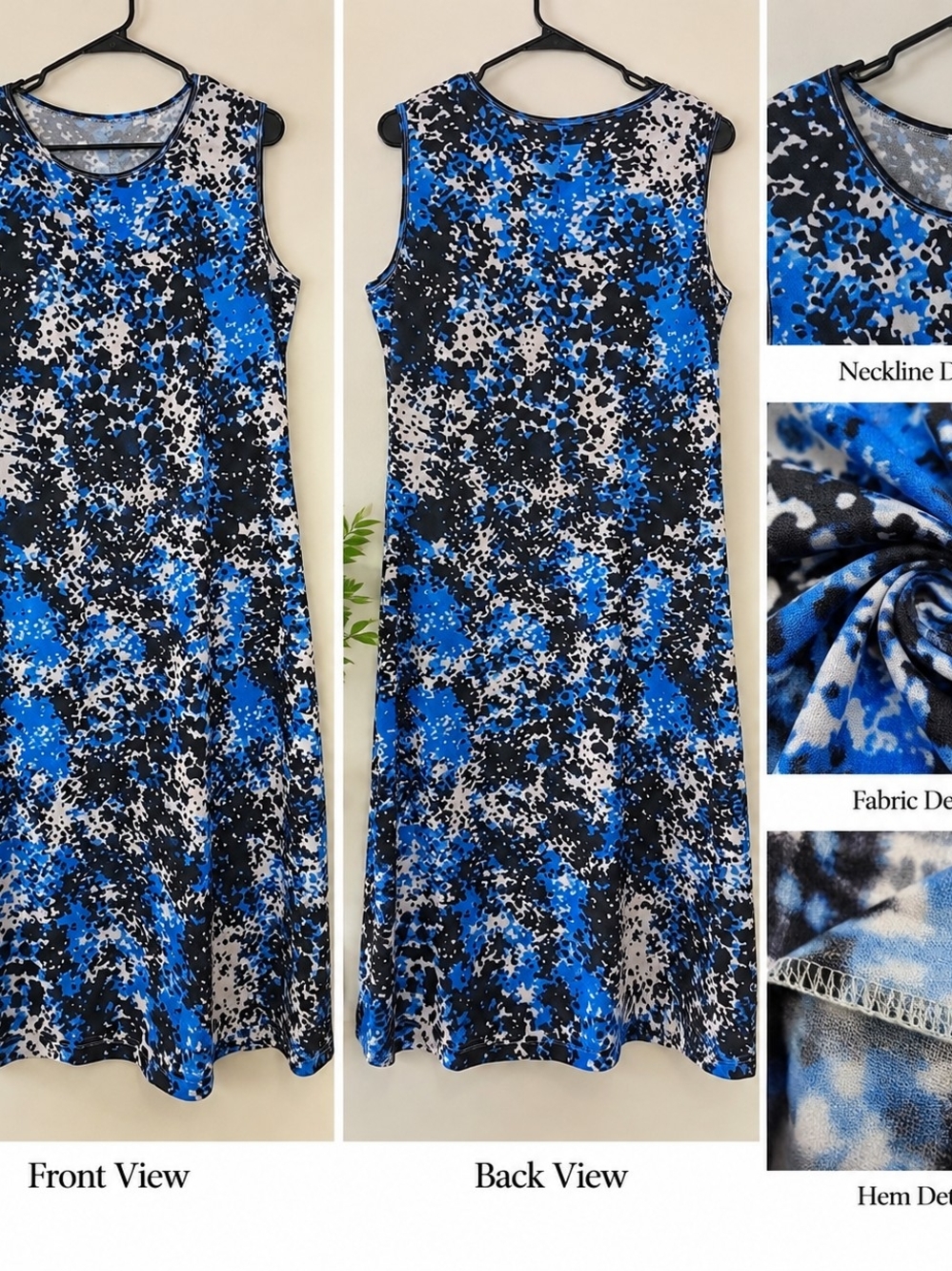 Women's Blue Black and White Abstract Print Sleeveless Dress
